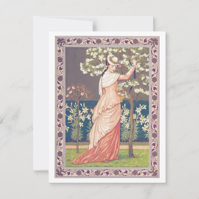 Vintage Valentine Elegant dam som plockar blommor  Julkort (Framsida)