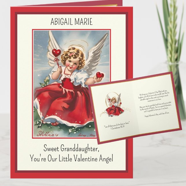 Vintage Valentine Girl Angel Grandföräldrar Helgkort (Vintage love for a grandchild, where angelic sweetness meets the comforting embrace of scripture. )