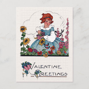Vintage Valentine Girl in Blomsterträdgård Card Helg Vykort