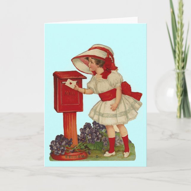 Vintage Valentine Girl Mails Card Helgkort (Framsida)
