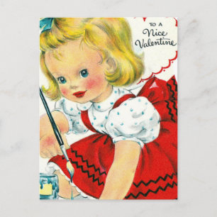 Vintage Valentine Girl Painting Helg Vykort