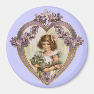 Vintage Valentine Heart Girl & Kattunge Magnet