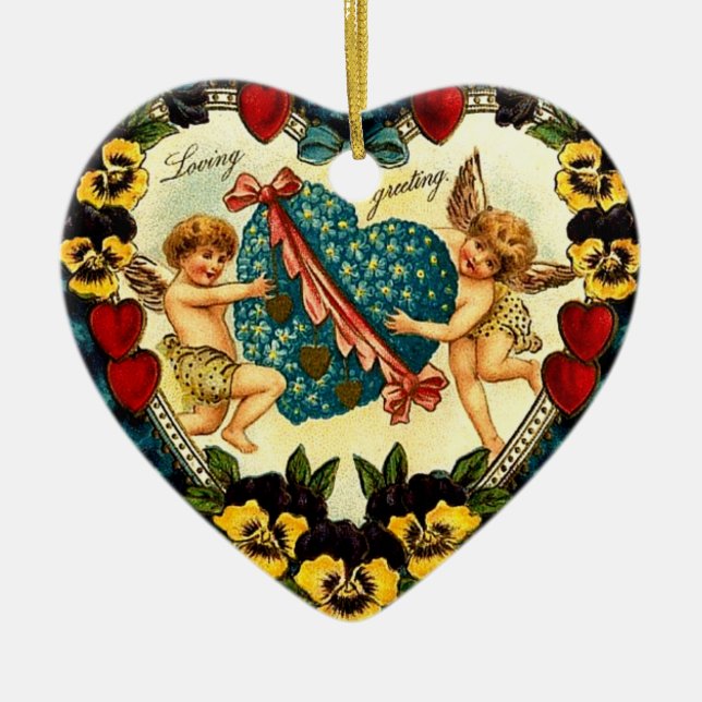 Vintage Valentine Heart Julgransprydnad Keramik (Framsidan)
