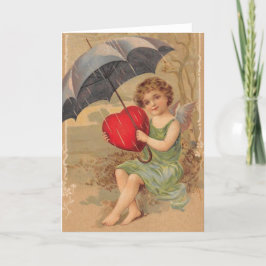 Vintage Valentine-kerub som håller hjärta Helgkort