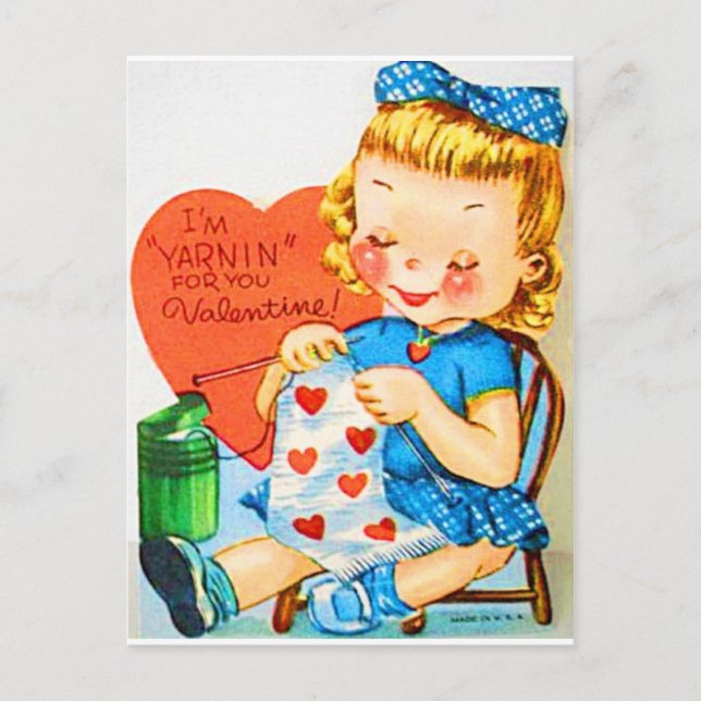 Vintage Valentine Knitting Helg Vykort (Framsida)