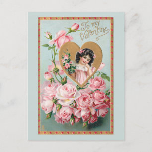 Vintage Valentine med Rosa ros och Guld Heart Helg Vykort