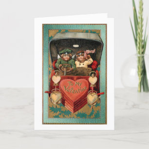 Vintage Valentine par i bil med hjärtan Helgkort