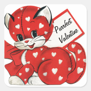 Vintage Valentine Red Cat White Hearts Retro Kärle Fyrkantigt Klistermärke