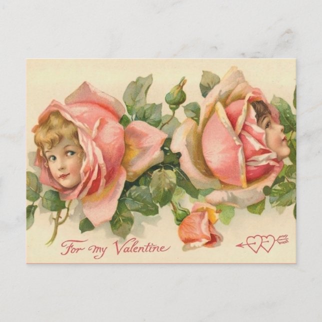 Vintage Valentine Rosa ros Älvors vykort (Framsida)