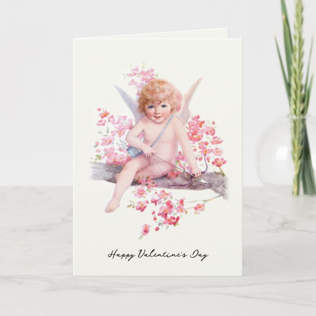 Vintage Valentine Smiling Cupid med Bow Helgkort (Framsida)