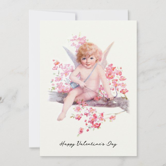 Vintage Valentine Smiling Cupid med Bow Julkort (Framsida)