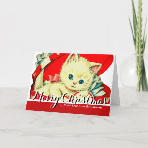 Vintage Valentine Vit Kattunge i Röd Hjärtask Helgkort