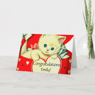 Vintage Valentine Vit Kattunge i Röd Hjärtask Kort
