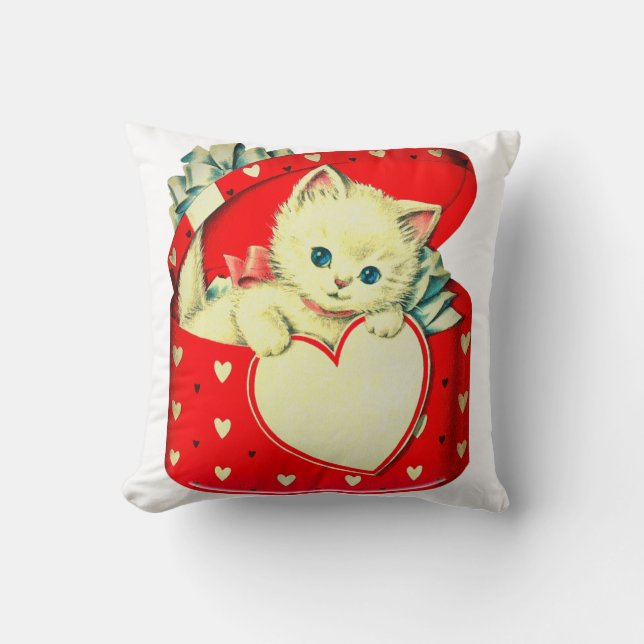 Vintage Valentine Vit Kattunge i Röd Hjärtask Kudde (Framsida)