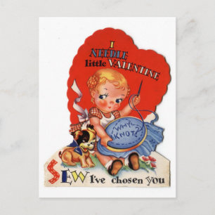 Vintage Valentines Day Girl Sewing Helg Vykort