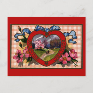 Vintage Valentines day Hälsning Heart och Flowers Helg Vykort