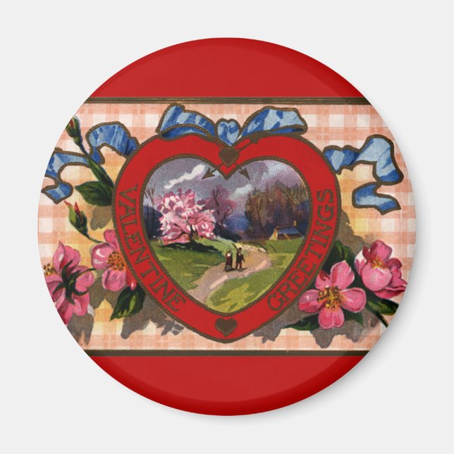 Vintage Valentines day Hälsning Heart och Flowers Magnet (Framsidan)