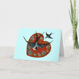 Vintage Valentines day Heart & Sparrows Helgkort