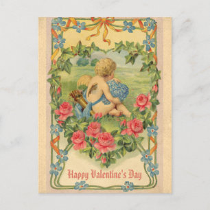 Vintage Valentines day Victorian Cupid Blommigt Vykort