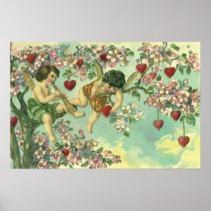 Vintage Valentines day Victorian Cupids Heart Träd Poster