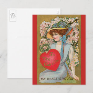 Vintage Valentines day, Viktorian Dam med hjärta Helg Vykort