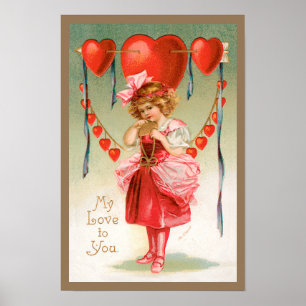 Vintage Valentines day, Viktorian Girl med Hearts Poster