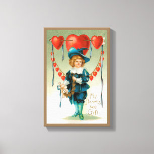 Vintage Valentines day, viktoriansk pojke med hjär Canvastryck