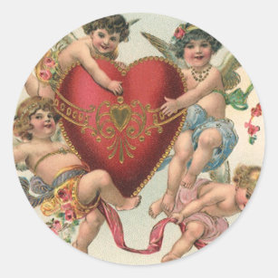 Vintage Valentines, Viktorian Änglar Cherubs Heart Runt Klistermärke