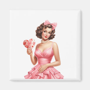 Vintage Valentinesdags pin-up-flicka med hjärtsolf Magnet