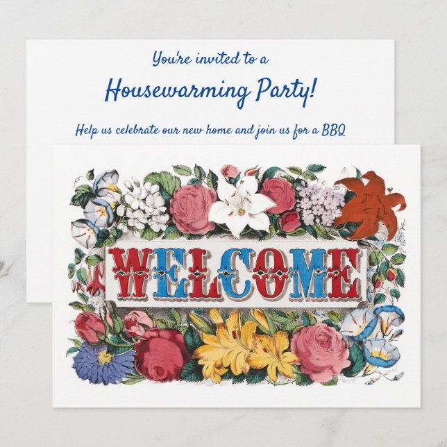 Vintage VÄLKOMMEN Blommor Inflyttningsfest  Inbjudningar (Fram/baksida)