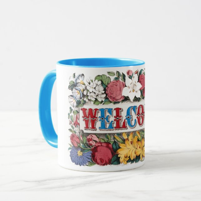 Vintage VÄLKOMMEN Blommor Inflyttningsfest  Mugg (Framsida vänster)
