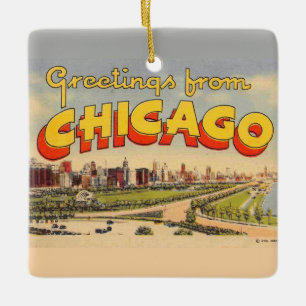 Vintage välkomsthälsning från Chicago-kort Julgransprydnad Keramik