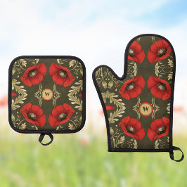 Vintage Vallmo Guld Röd Art Nouveau Monogram