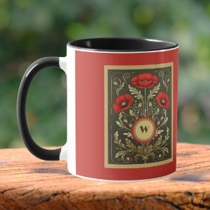 Vintage Vallmo Guld Röd Art Nouveau Monogram Mugg