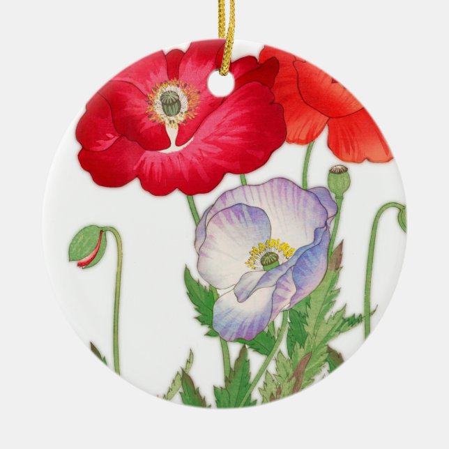 Vintage vallmoblomma, blommigt julgransprydnad keramik (Framsidan)