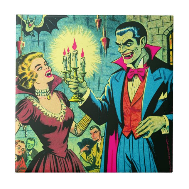Vintage Vampre Horror Tecknader Kakelplatta (Framsidan)