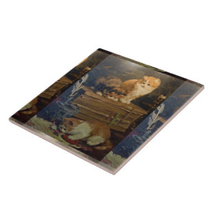 Vintage Van den Eycken Tre katter på ett skrivbord Kakelplatta