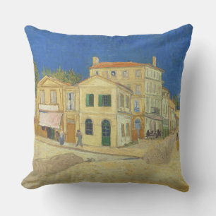 Vintage Van Gogh Gula huset Blå himmel-målning Kudde