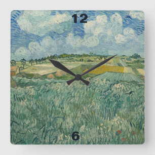 Vintage Van Gogh Plain på Auvers with Rain Clouds Fyrkantig Klocka