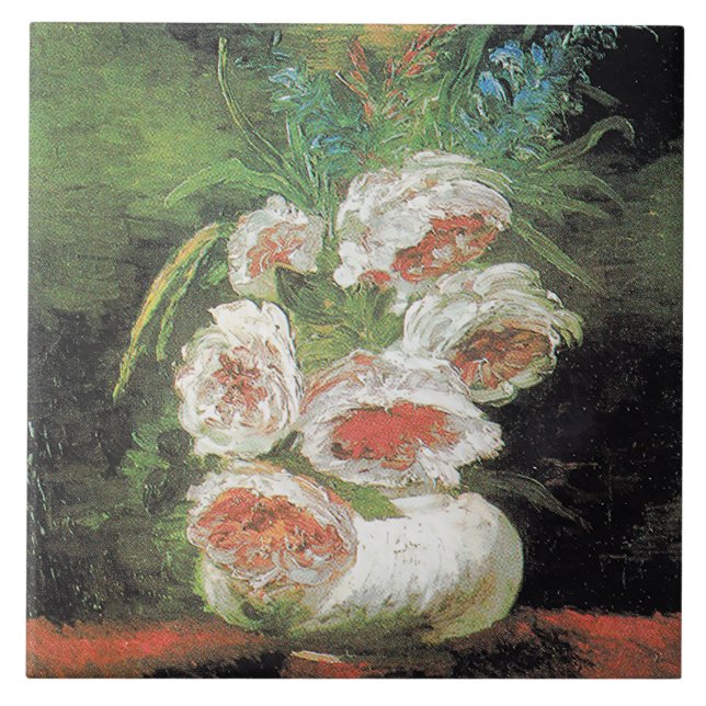 Vintage Van Gogh Vas från Peonies Kakelplatta (Framsidan)
