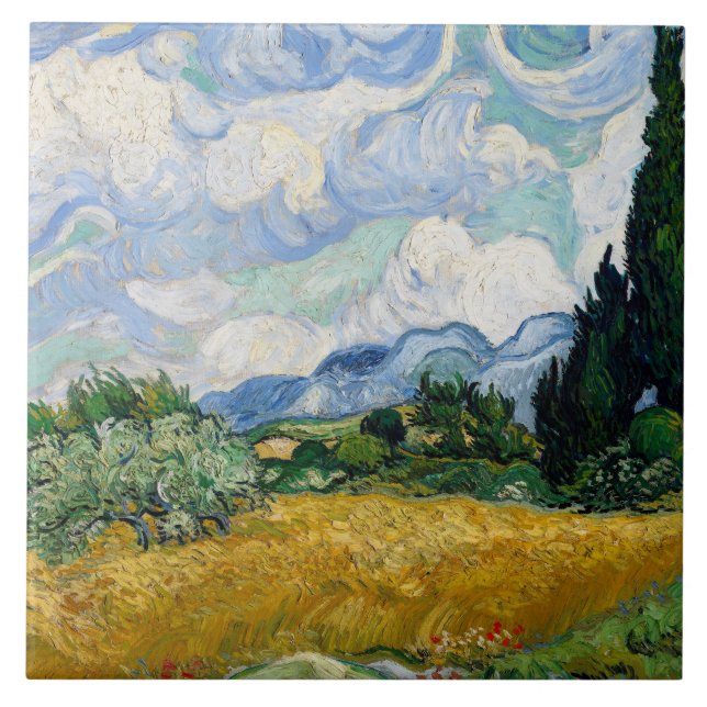 Vintage Van Gogh Wheat Fält med Cypresses Kakelplatta (Framsidan)
