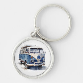 Vintage Van in Delft Blue-anpassadet Rund Silverfärgad Nyckelring