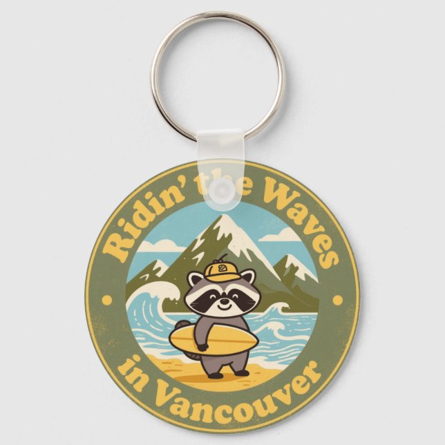 Vintage Vancouver Raccoon Surfer Nyckelring (Framsida)