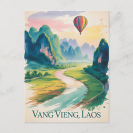 Vintage Vang Vieng Laos Resa akvarell Vykort