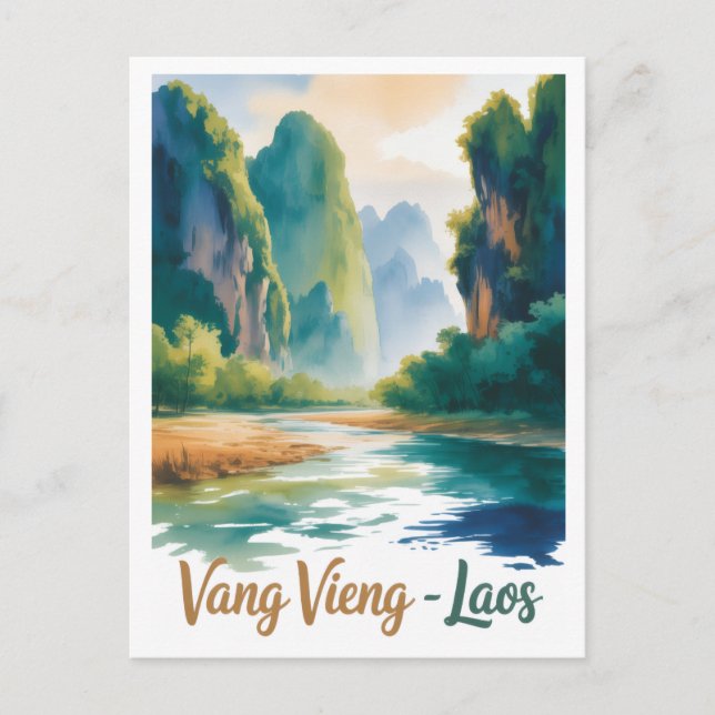 Vintage Vang Vieng Laos Resa Konst Vykort (Framsida)