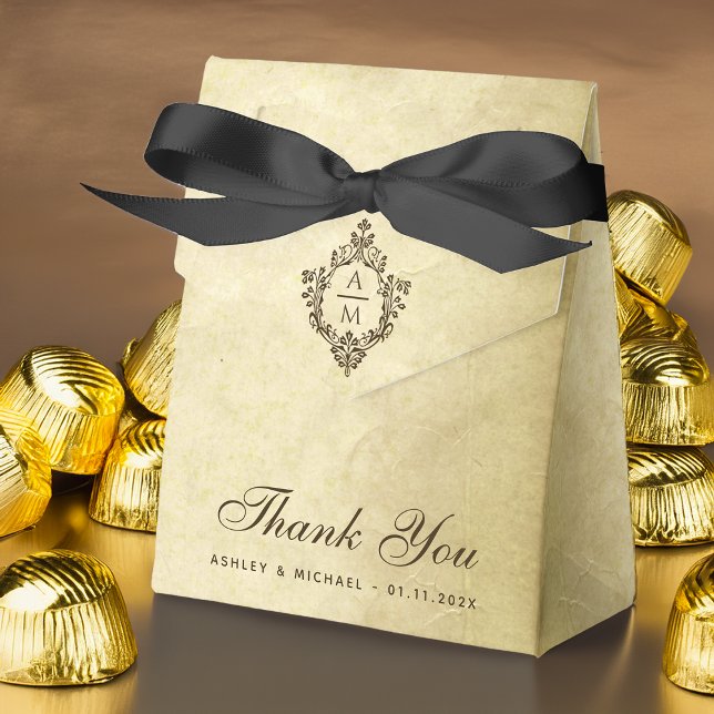 Vintage Vapensköld Bröllop Monogram Parchment Tack Presentaskar (Skapare uppladdad)