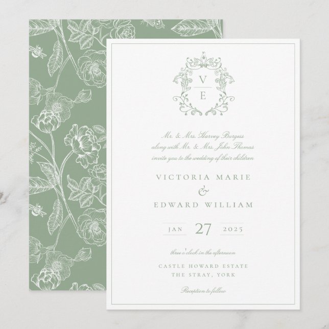 Vintage Vapensköld Monogram Bröllop Sage Inbjudningar (Fram/baksida)