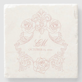 Vintage Vapensköld Monogram Rosa Bröllop Logotyp Stenunderlägg