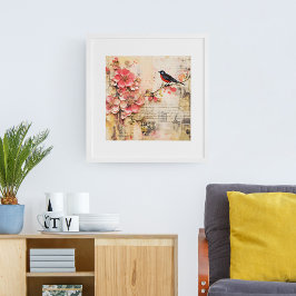 VINTAGE VÅR BLOMMIGT och BIRD Poster