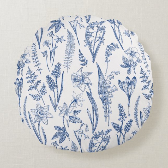 Vintage Vår blommor och Örter Rund Kudde (Framsidan)